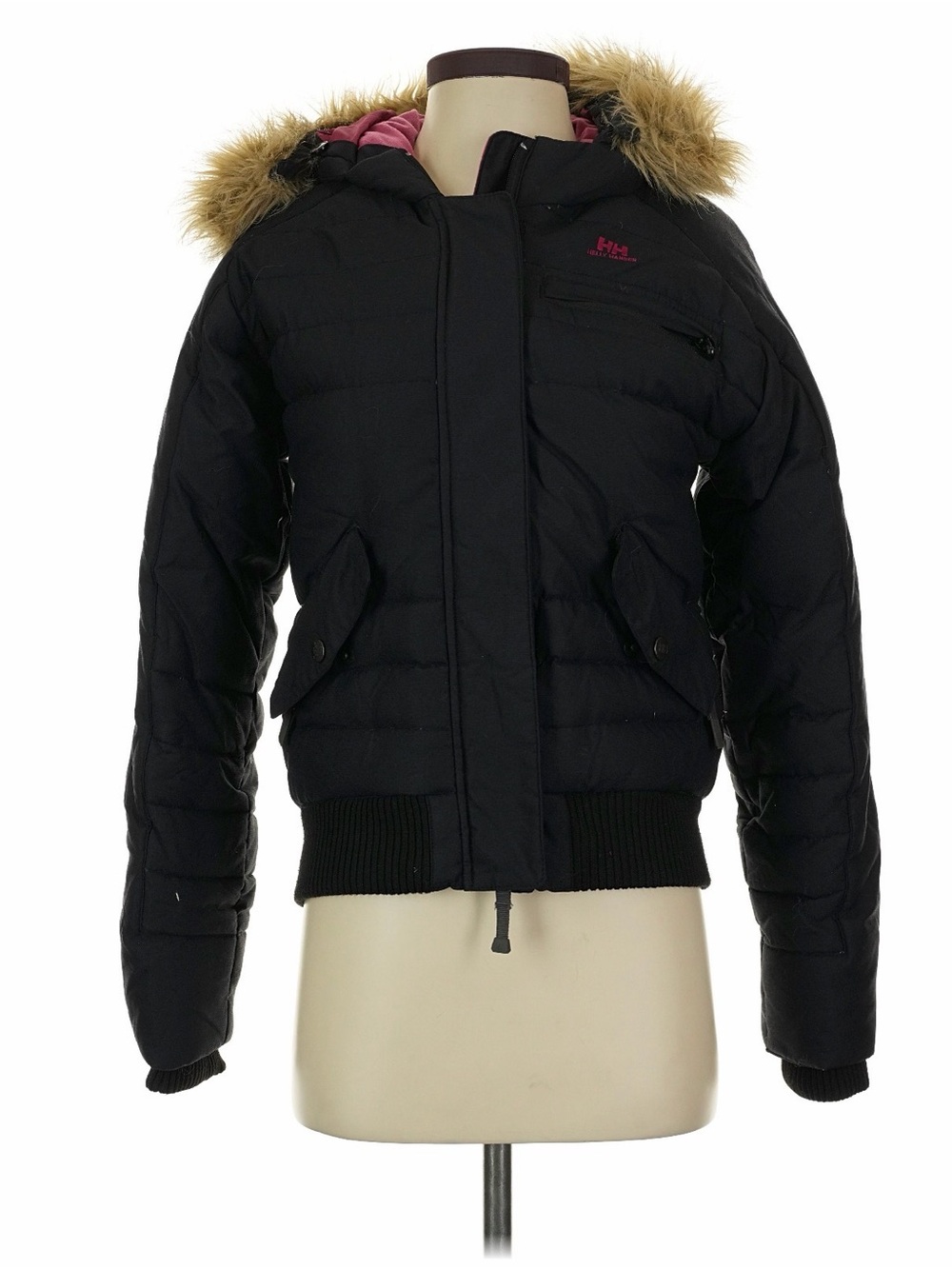 Helly Hansen Black Puffer Jacket with Faux-Fur Hood and Pink Lining Small